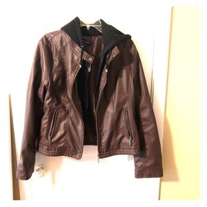 New Look Mahogany Faux Leather Jacket w/ hood
